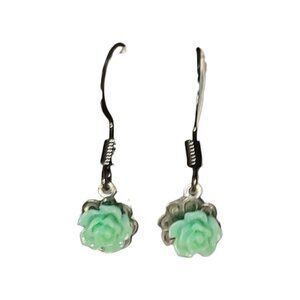 NEW Homemade/Handmade Pastel Green Rose with Black Metal Drop Earrings (shorter)